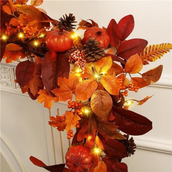 6ft Fall Garland with Lights, Autumn Leaves Garland with Realistic - Picture 1 of 8